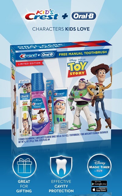 Набор детский Crest Oral-B Kids Toy Story Holiday Pack KIT, 5 позиций (Паста+эл.щётка+щётка+ополаскиватель+нить)